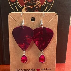 Red Guitar Pic Earrings with Silver Hooks